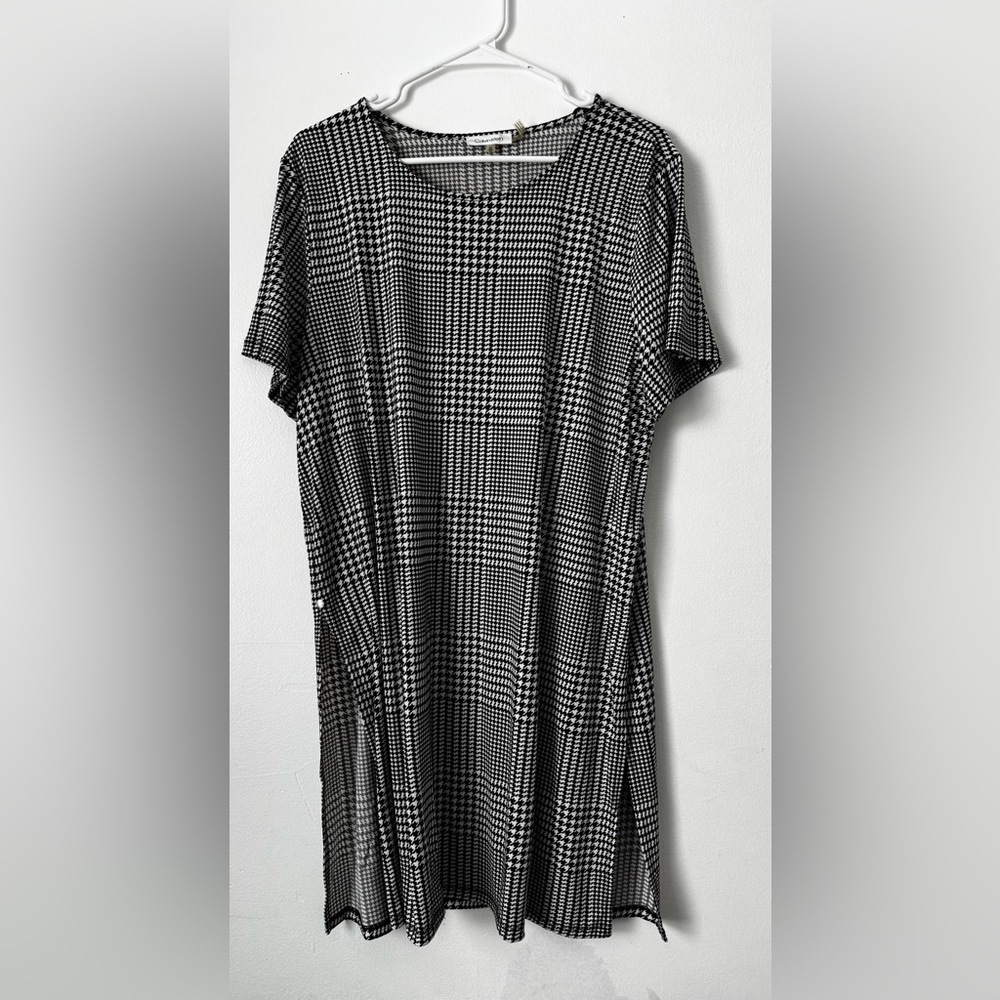 Calvin Klein Black White Houndstooth Shift Dress Short Sleeve Size L